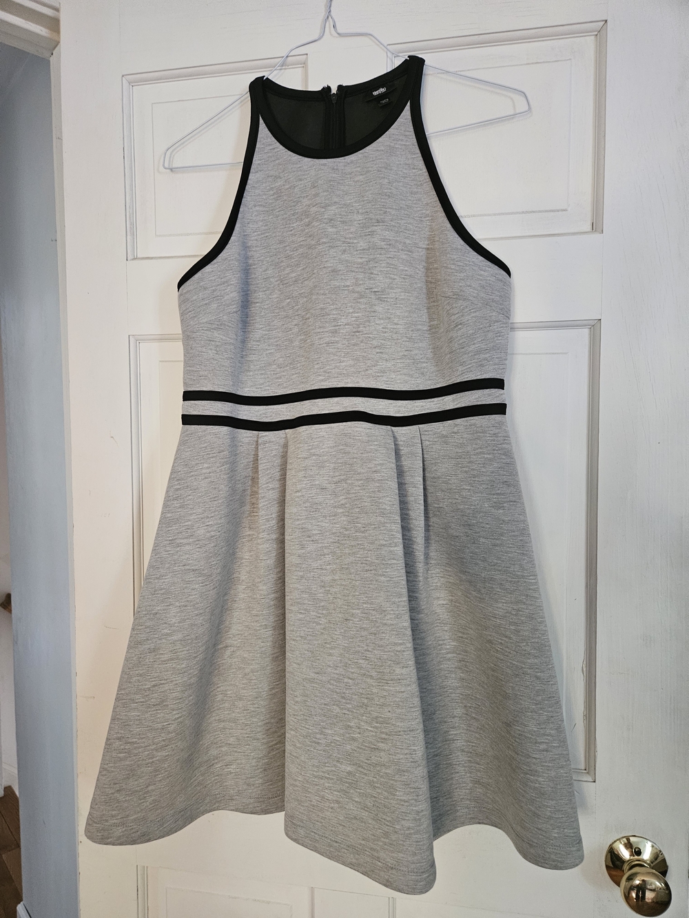 Sleeveless Grey Asymmetrical Fit-and-Flare Dress with Black Trim